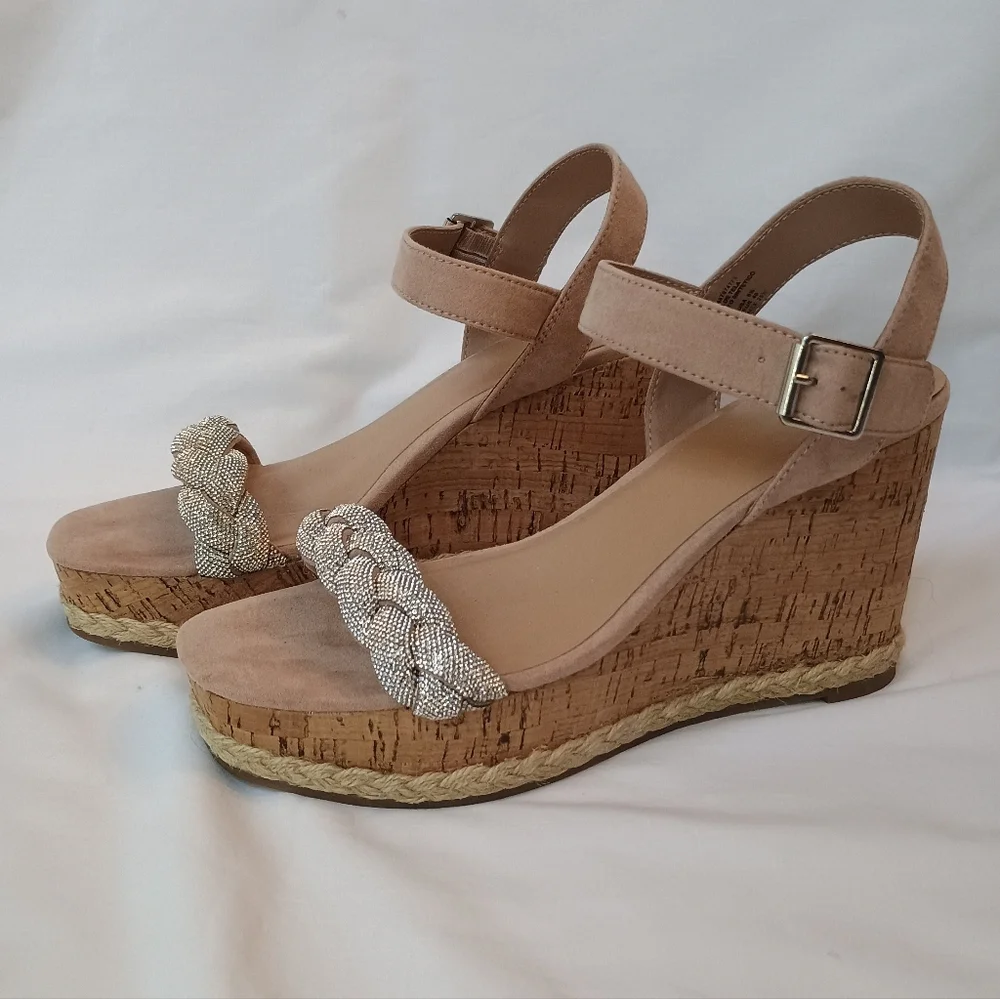 Madden NYC Wedge Sandals Womens 8.5 Braided Rhinestone Blush Buckle Ankle Strap